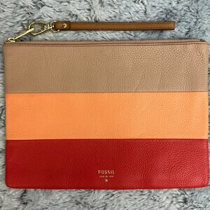 Fossil Large Multicolor Wristlet Striped Tan Orange Red Cowhide Leather 10x7